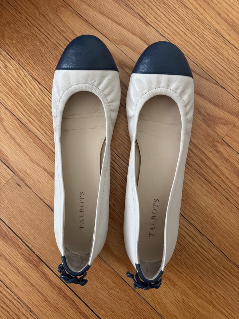 Cream and Navy Cap Toe Ballet Flats